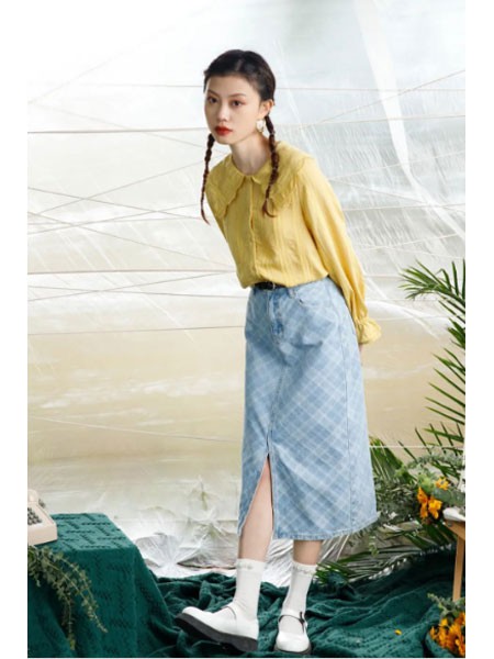 初绱女装2022春夏季蓝色开叉长裙