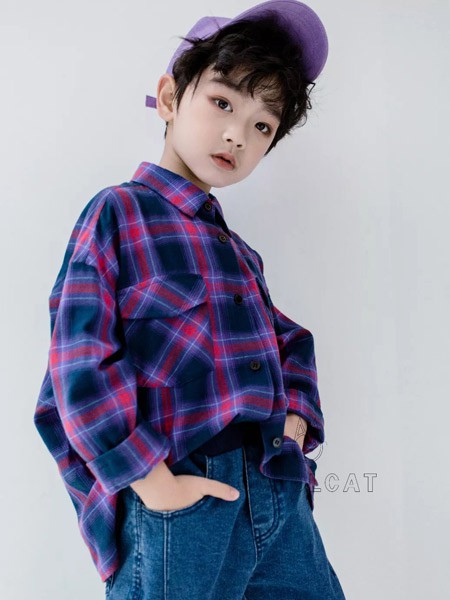 猫王童装2021秋冬季紫色格子衬衫