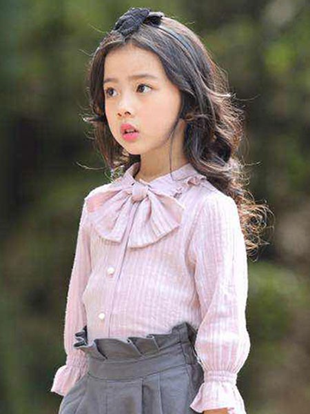 喜拍拍童装2022春夏季粉色蝴蝶结衬衫
