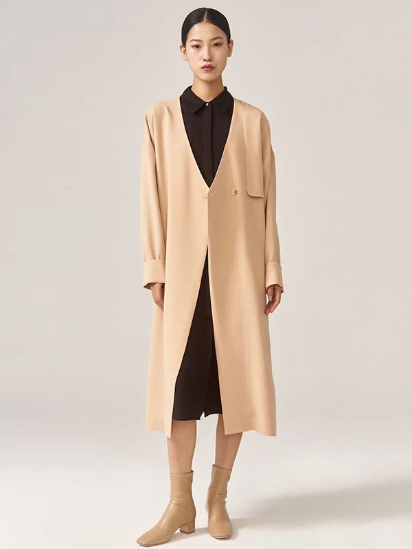 旗艺2021秋冬季卡其色纯色大衣