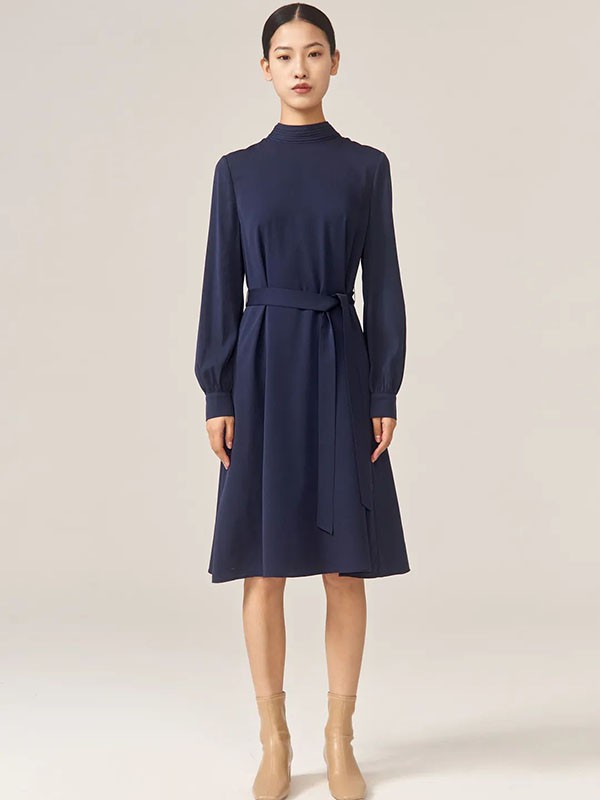 旗艺2021秋冬季藏蓝色纯色连衣裙