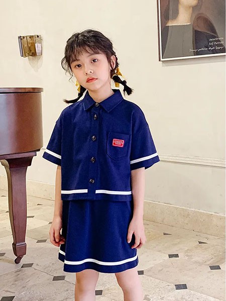 天赐天使童装2022春夏季藏蓝色印花连衣裙