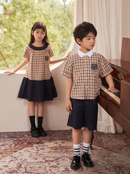 天赐天使童装2021春夏季卡其色格子衬衫