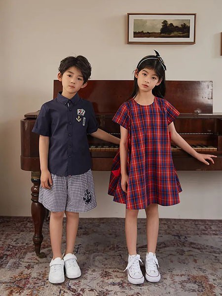 天赐天使童装2021春夏季酒红色格子连衣裙