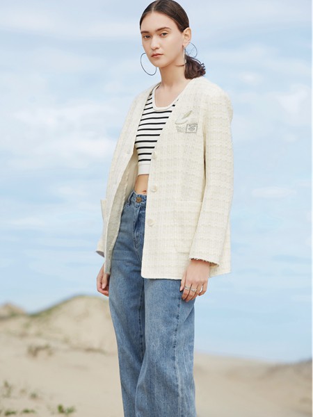 桔尚2022春夏季蓝色纯色阔腿裤