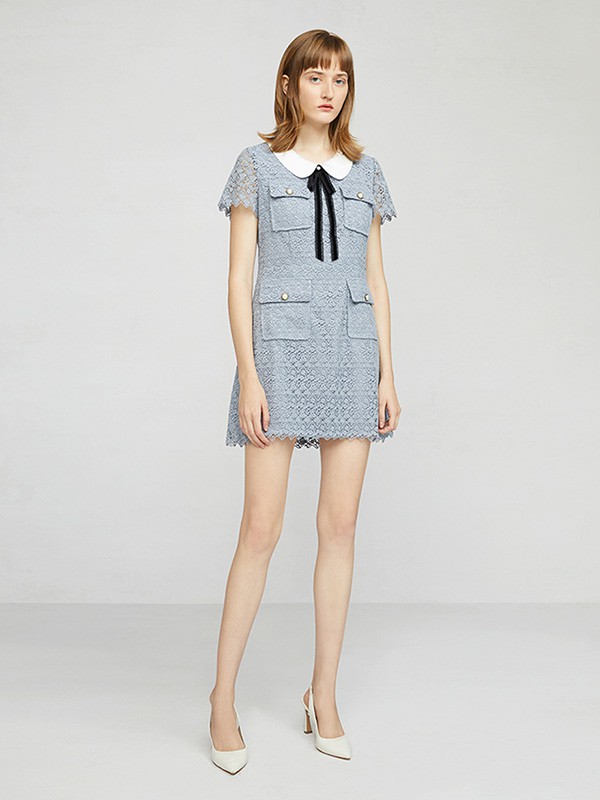 卡洛琳女装2022春夏季灰色蕾丝连衣裙