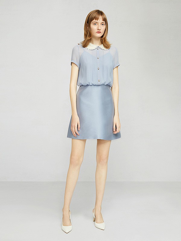 卡洛琳女装2022春夏季蓝色纯色半身裙