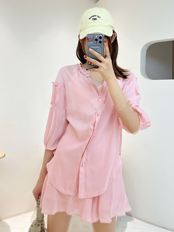 简诣2022春夏季粉色纯色衬衫