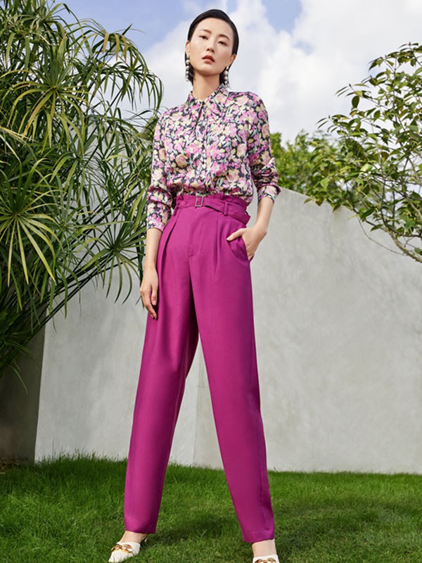 贵姿女装2022春夏季粉色纯色长裤