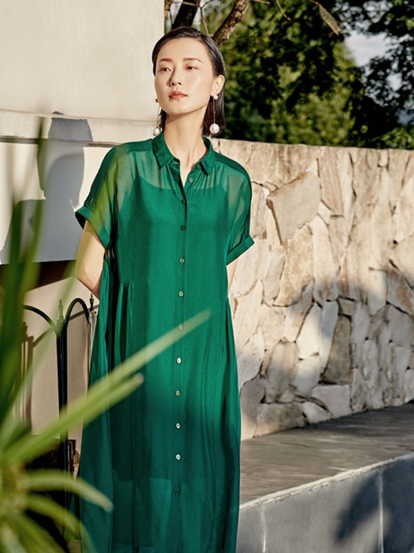 贵姿女装2022春夏季蓝色纯色衬衫裙