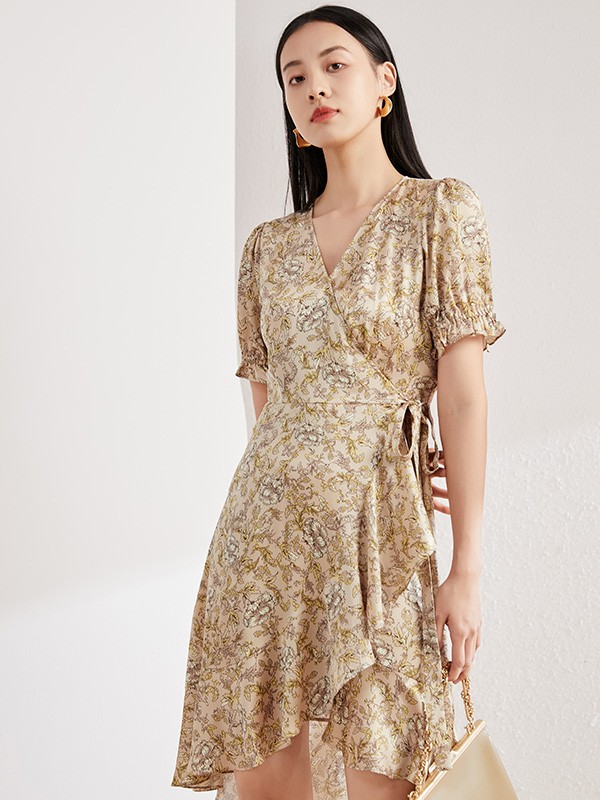 MYMO2022春夏季棕色印花连衣裙