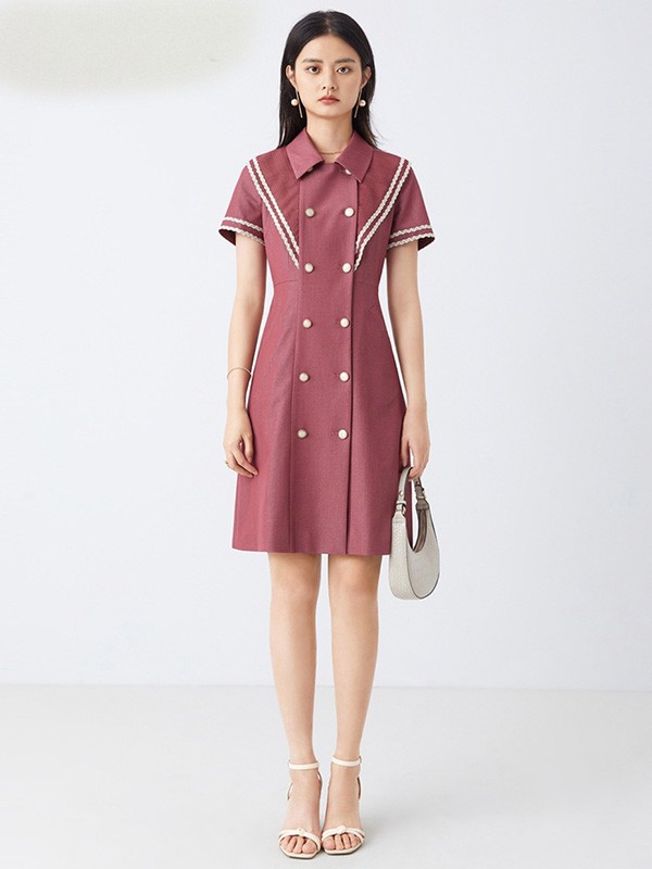 衣莱尔女装2022春夏季粉色纯色衬衫裙