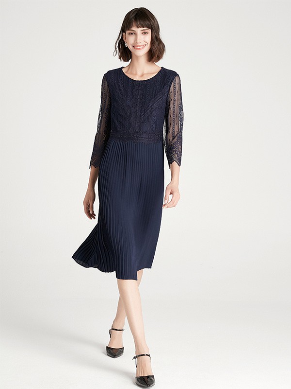 SHELIS奢睿女装2022春夏季藏蓝色纯色连衣裙