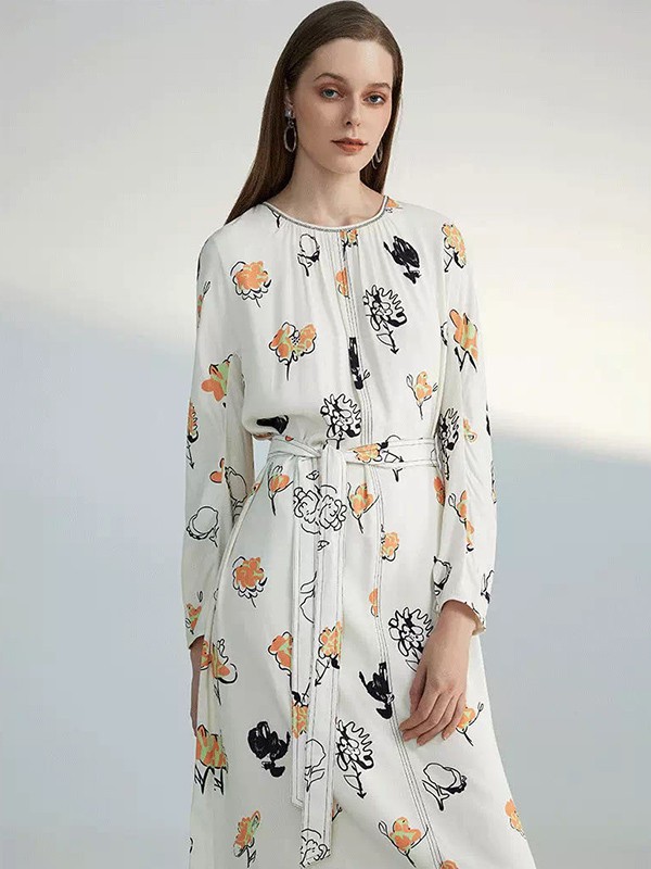 奢睿2022春夏季白色印花连衣裙