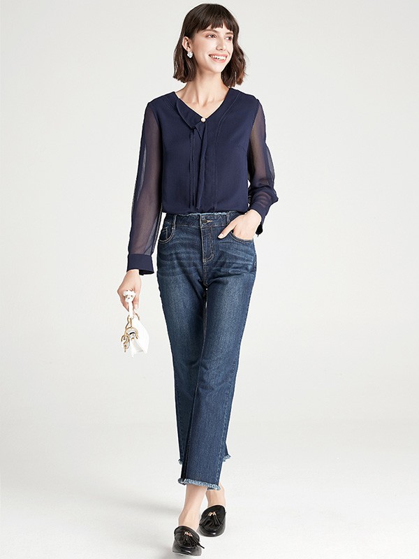 SHELIS奢睿女装2022秋冬季藏蓝色纯色长裤