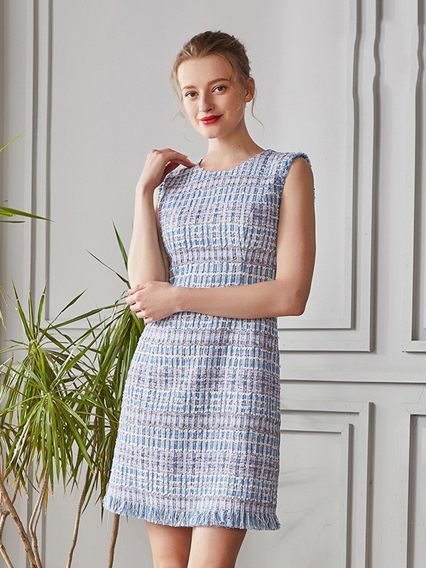 蒙迪爱尔2022春夏季蓝色格子连衣裙