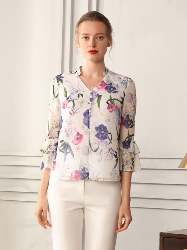 蒙迪爱尔2021春夏季白色印花雪纺衫