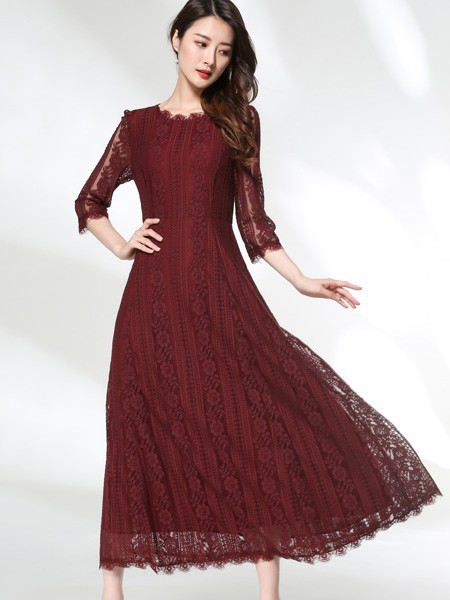 适时雅集女装2022春夏季酒红色连衣裙