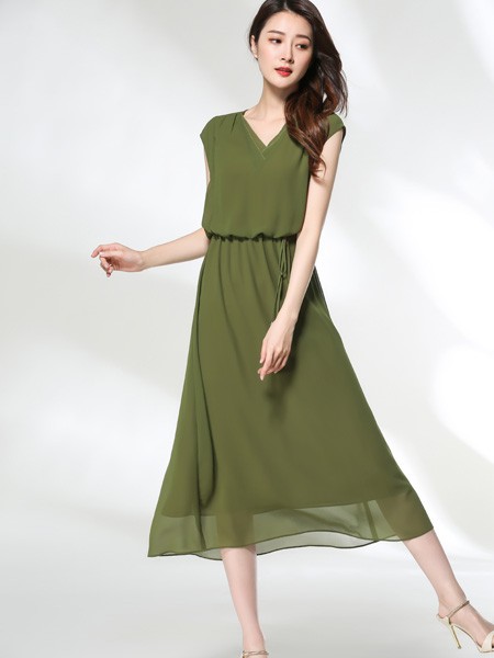 适时雅集女装2022春夏季绿色连衣裙
