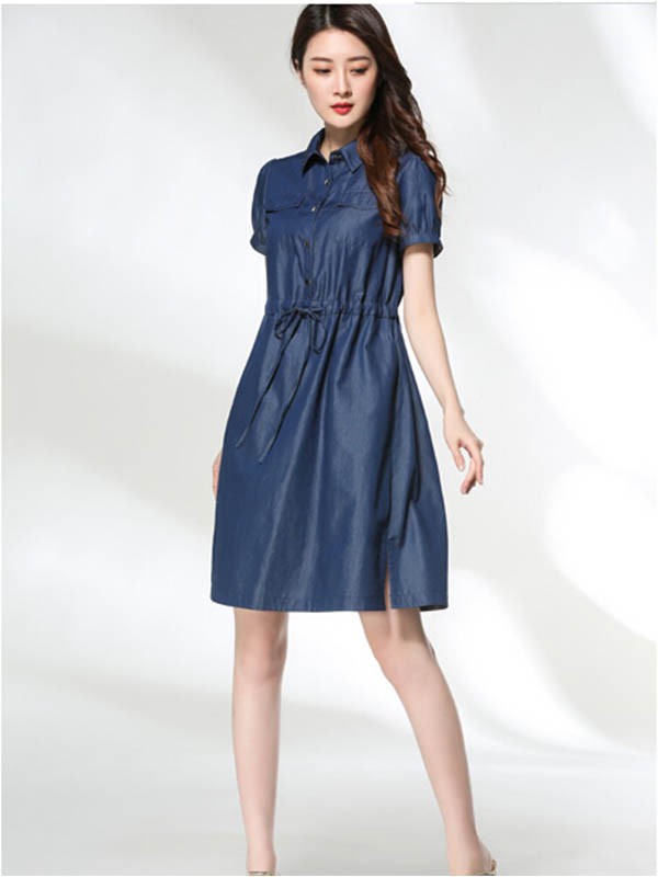 适时雅集女装2022春夏季藏蓝色连衣裙