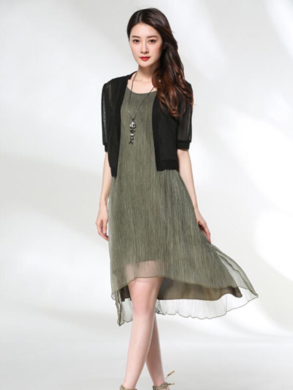 适时雅集女装2022春夏季军绿色吊带裙