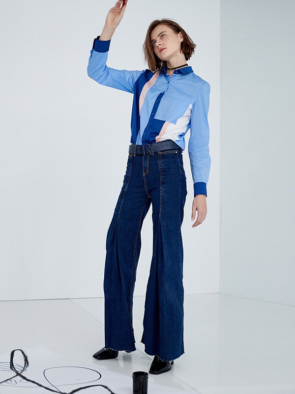 伊洛女装2022春夏季藏蓝色纯色阔腿裤