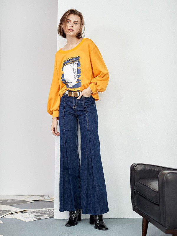 伊洛女装2022春夏季黄色印花T恤