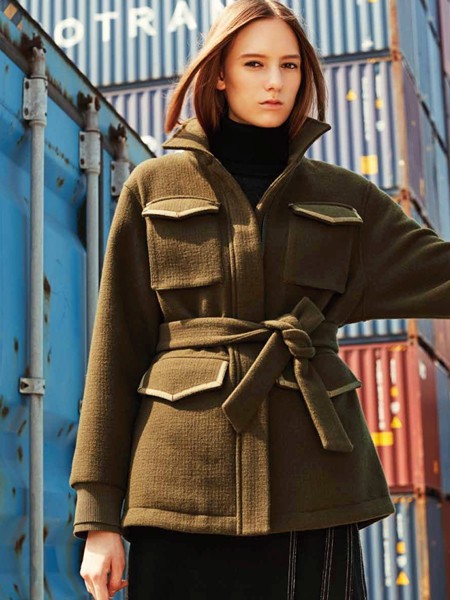 T&W女装2021秋冬季军绿色大衣