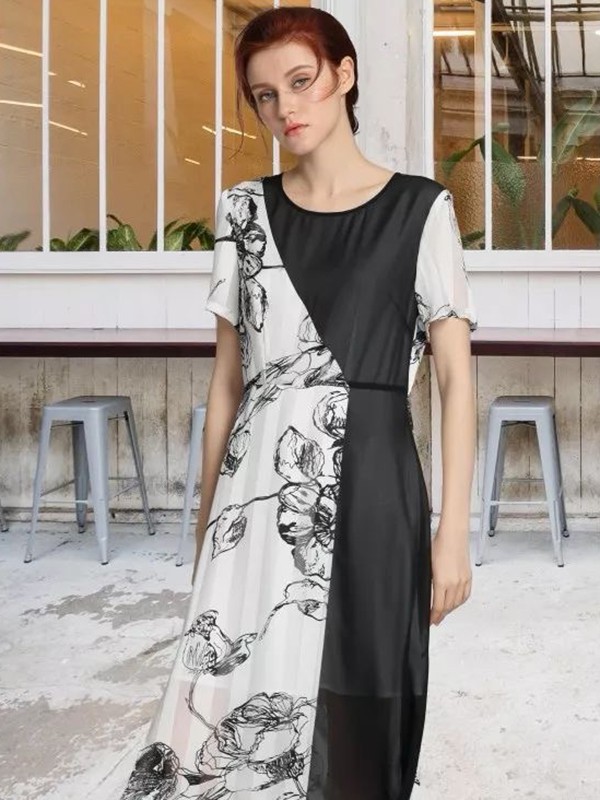 莫妮卡2022春夏季拼色印花连衣裙