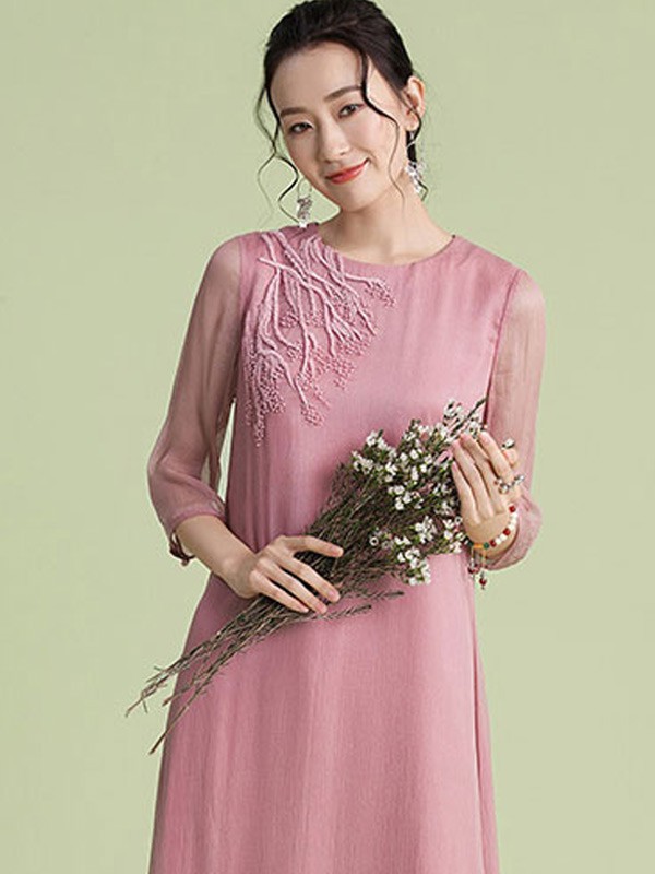 SUORANG女装2022春夏季粉色宽松连衣裙