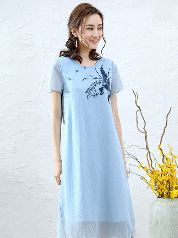 SUORANG女装2022春夏季蓝色印花连衣裙