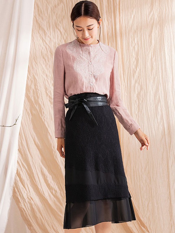 SUORANG女装2022春夏季黑色纯色长裙