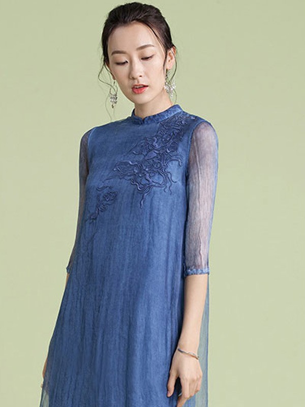 SUORANG女装2022春夏季藏蓝色印花连衣裙