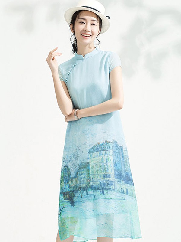 SUORANG女装2022春夏季蓝色印花连衣裙