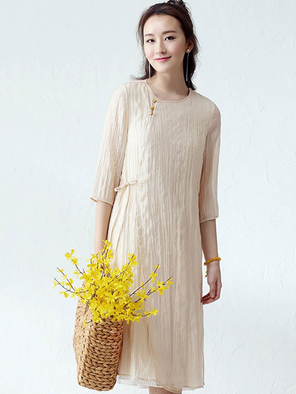 SUORANG女装2022春夏季米色连衣裙