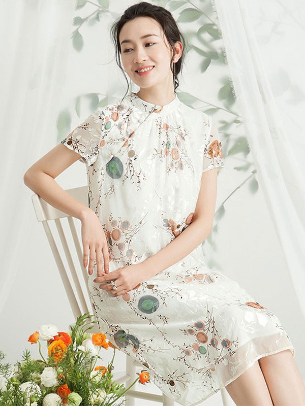 SUORANG女装2022春夏季白色印花连衣裙