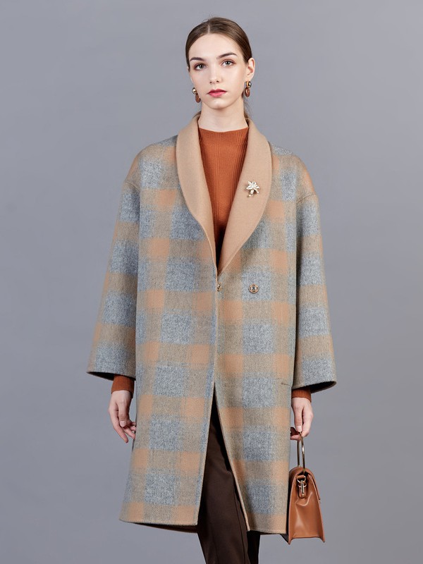 舒朗女装2021秋冬季灰色格子大衣