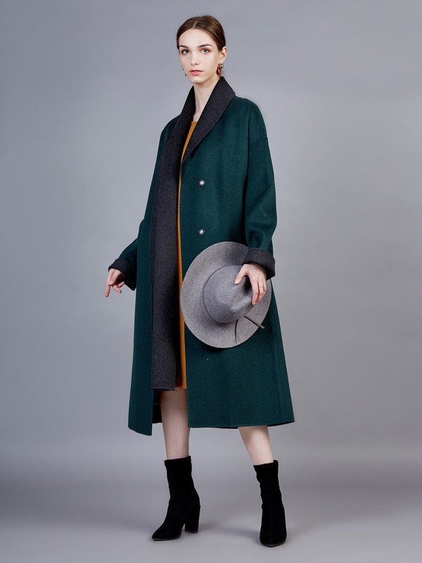 舒朗女装2021秋冬季墨绿色大衣