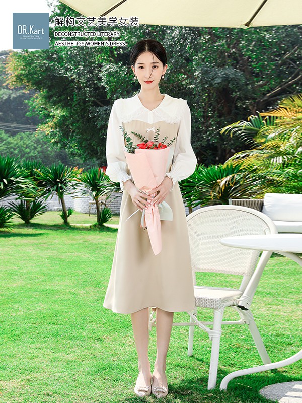 OR.Kart2022春夏季拼色泡泡袖连衣裙