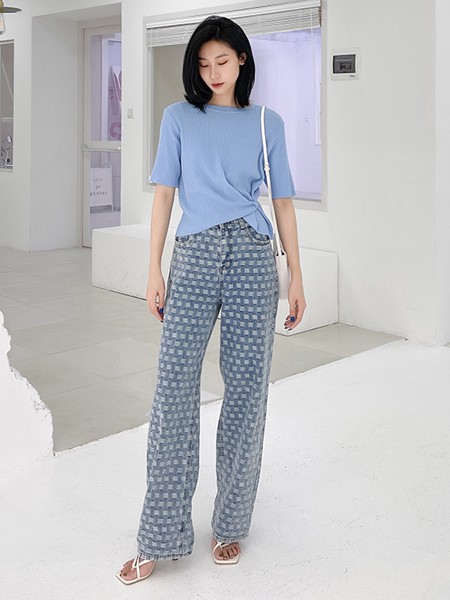 速品女装2022春夏季蓝色纯色T恤