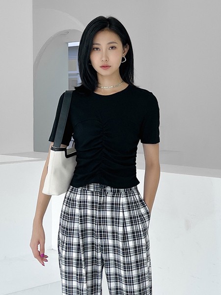 速品女装2022春夏季白色格子阔腿裤