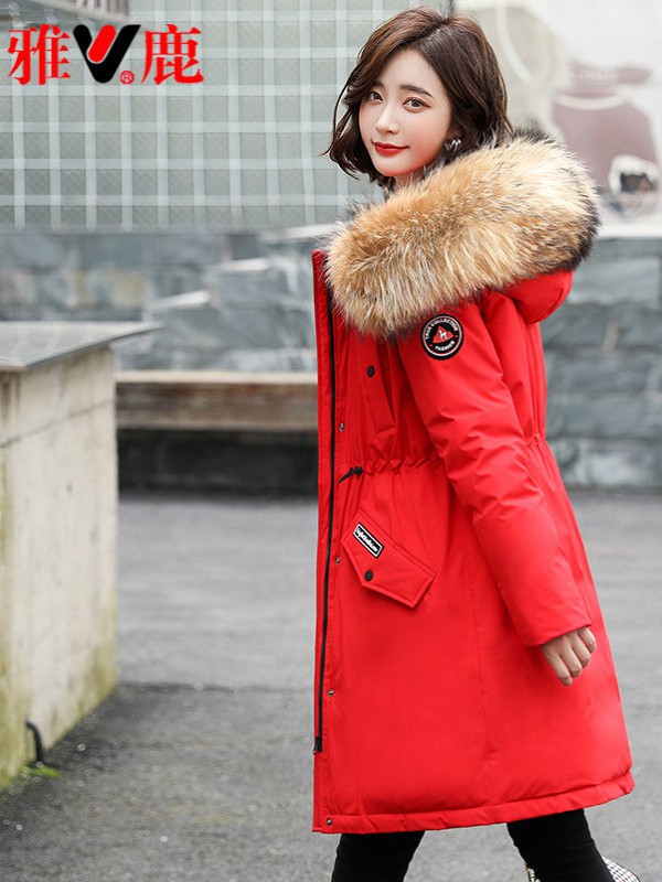 雅鹿女装2021秋冬季红色派克服