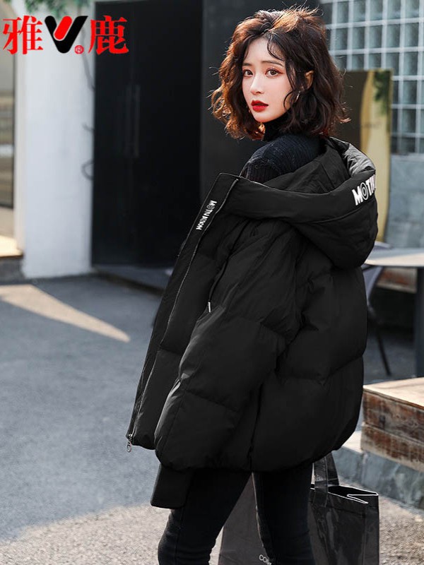 雅鹿女装2021秋冬季黑色羽绒服
