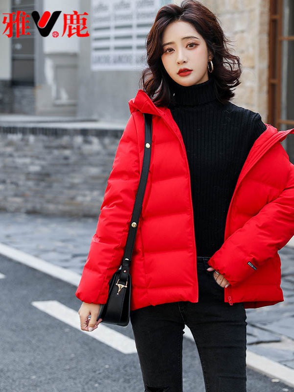 雅鹿女装2021秋冬季红色羽绒服