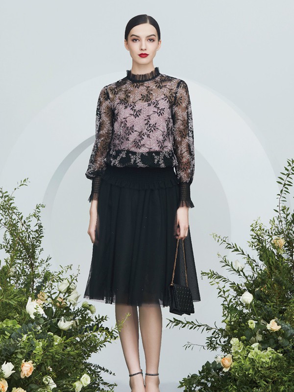 克劳西2022春夏季黑色纱网半身裙