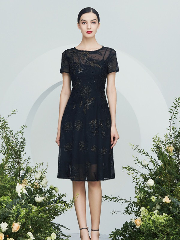 克劳西女装2022春夏季黑色印花连衣裙