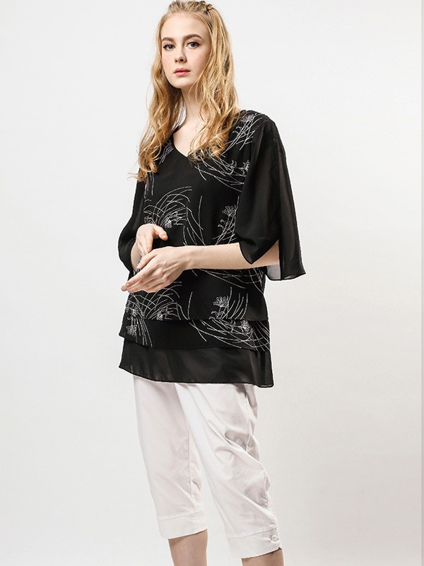 三布居女装2022春夏季黑色T恤