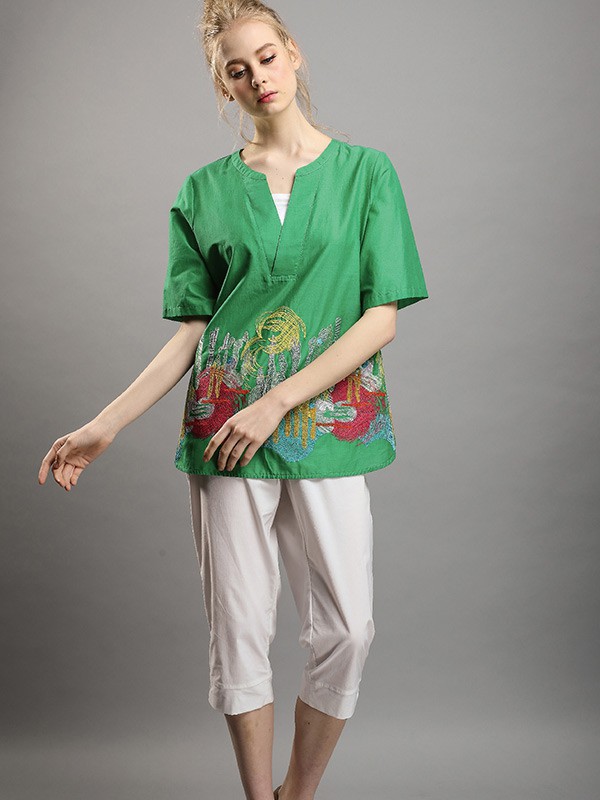 三布居女装2022春夏季绿色T恤