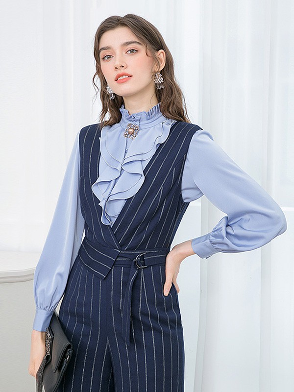 珈姿莱尔2021秋冬季藏蓝色条纹吊带裙