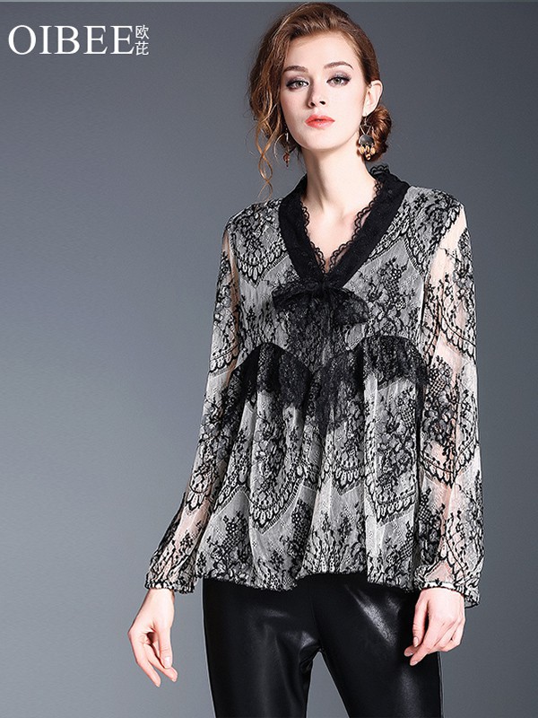 OIBEE女装2022春夏季黑色蕾丝衫